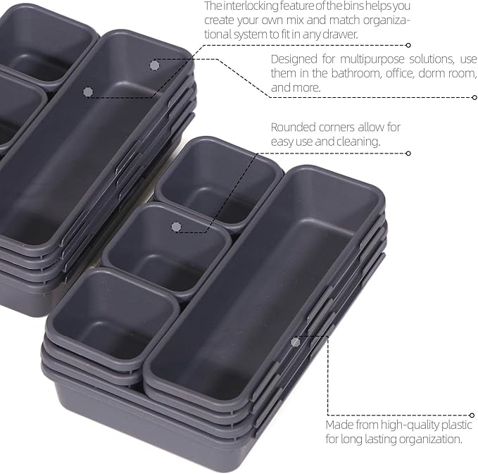Set of 28 Interlocking Desk Drawer Organizer Tray Dividers Plastic Shallow Narrow Drawers Organizers Separators Storage Bins Container for Kitchen Bathroom Makeup Office Vanity Bedroom Dresser