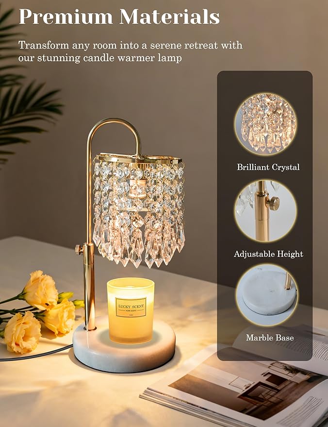 Candle Warmer Lamp with Timer Dimmable, Birthday Gifts for Women, Wax Melt Warmer for House Warming Gifts New Home Decor, Adjustable Height Crystal Candle Lamp for Jar Candles with 3 Bulbs, Gold