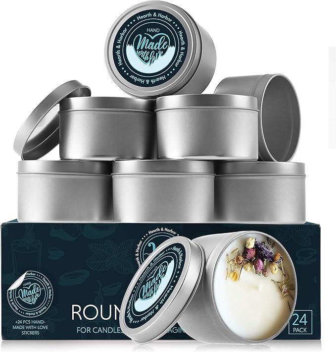 Hearth & Harbor 40 lbs. Soy Candle Wax with Supplies, 8 oz. 84 Pack Tin Jars with Lids, Cotton Candle Wicks, Wick Stickers and Centering Devices - Soy Wax Flakes with Containers for Candle Making