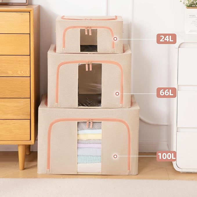GuliPostan 3 Pack 24L Stackable Clothes Storage Bins with Metal Frame Handles & Zipper, Collapsible Closet Organizer Box with Lid for Bedding Blankets Towel (Beige)