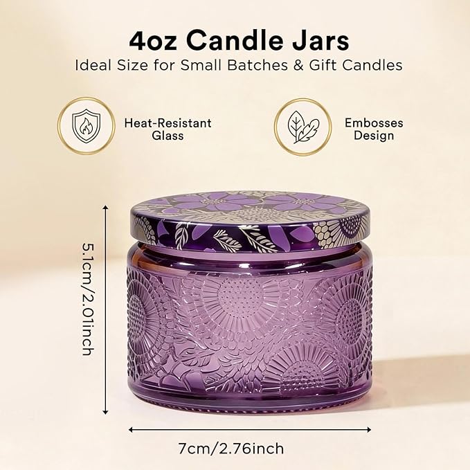 LumaCraft Luxury Embossed Glass Candle Jars for Making Candles - 12 Pack Empty Candle Containers with Airtight Metal Lids, 20 Wicks & 20 Stickers, Colored Glass Jars for Gifts & Decor-4OZ/Mix-Color