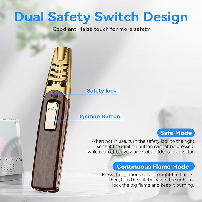 Torch Lighter, Butane Lighter, Adjustable Big Jet Flame Butane Torch, Windproof Refillable Gas Long Torch Lighter with Safety Lock for Candle Grill Camping BBQ Kitchen Soldering, Gas Not Included