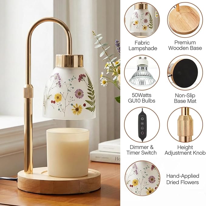 Baquler Pressed Flower Candle Warmer Lamp with Timer Dimmable Adjustable Height Vintage Boho Flower Candle Wax Lamp Housewarming Gifts for Women Mom Birthday Home Bedroom Decor(Transparent Style)