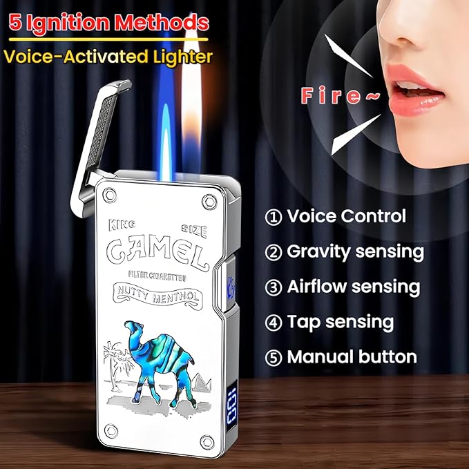 Smart Butane Lighter with 5 Ignition Methods, Voice-Activated Dual Flame Lighter with Windproof Blue Torch and Soft Flame Options, Rechargeable and Refillable Lighters (Without Fuel) (Gray)