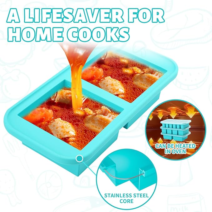 Silicone Freezer Trays with Lid,2 Cup Soup Freezer Container large Ice Cube Molds with Reinforced Steel Ring Top for freezing Soup Sauce Broth Leftovers oven,Easy to demold & Easy Meal Prep Container