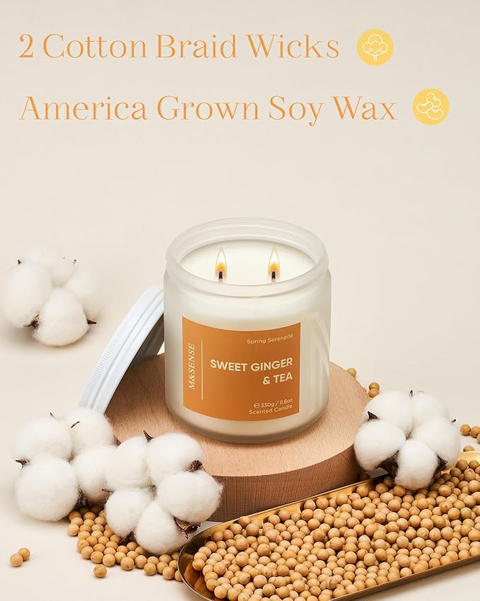 M&SENSE Sweet Ginger & Musky Scented Candle - 11.6oz Natural Soy Non Toxic Candle 70-Hour Burn Time, 2 Wick Aromatherapy Housewarming Gifts for Easter Home Decor & Women Men