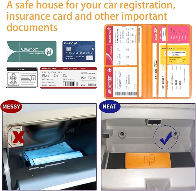 Car Registration and Insurance Card Holder - Leather Vehicle Glove Box Automobile Documents Paperwork Wallet Case Organizer for ID, Driver's License, Key Contact Information Cards - Men&Women