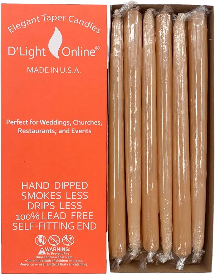 D'light Online Elegant 10" Unscented Spice Gold - Brown Taper Candles, Premium Quality Hand-Dipped Tapered Candles, Dripless and Smokeless - Set of 12 Individually Wrapped (10 Inch, Spice Gold)