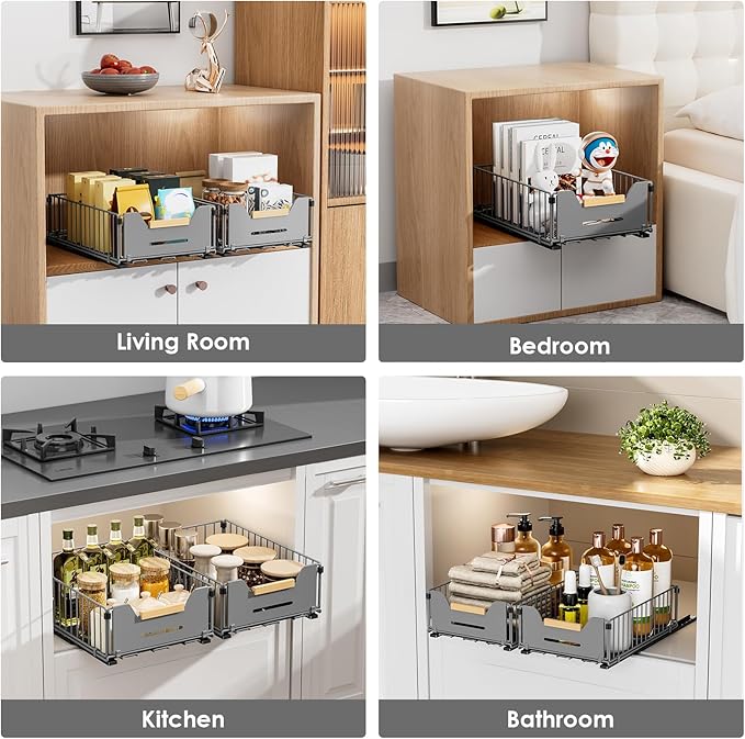Pull Out Cabinet Organizer, Slide Out Drawers for Cabinets, Peel and Stick, Heavy Duty Shelves for Kitchen, Cupboard, Pantry, Bathroom, Short - Gray