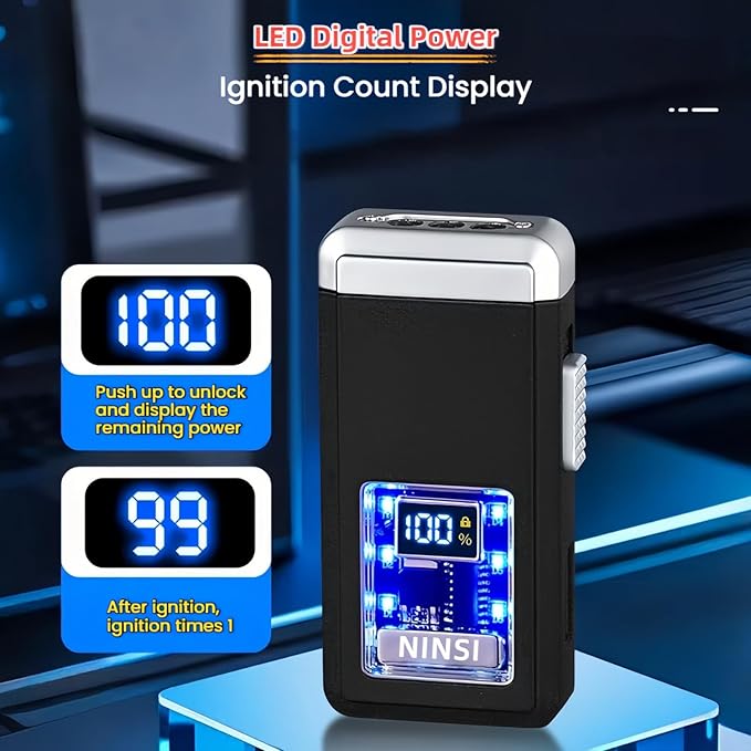 Smart Butane Torch Lighter - 4 Ignition Modes, Refillable and Rechargeable Lighters, Windproof Triple Flames with LED Battery Level and Ignition Count Display (Without Fuel) (Silver)