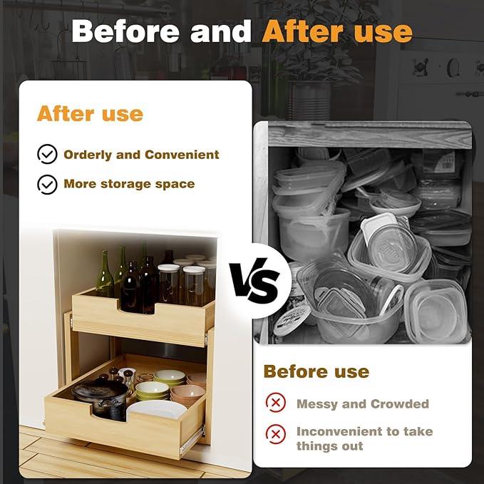 Pull Out Cabinet Organizer, 26''W×21''D Sliding Drawers for Cabinets, 2 Tier Soft Close Slide Out Wooden Pull out Drawers, Base Cabinet Organization for Kitchen, Pantry, Bathroom