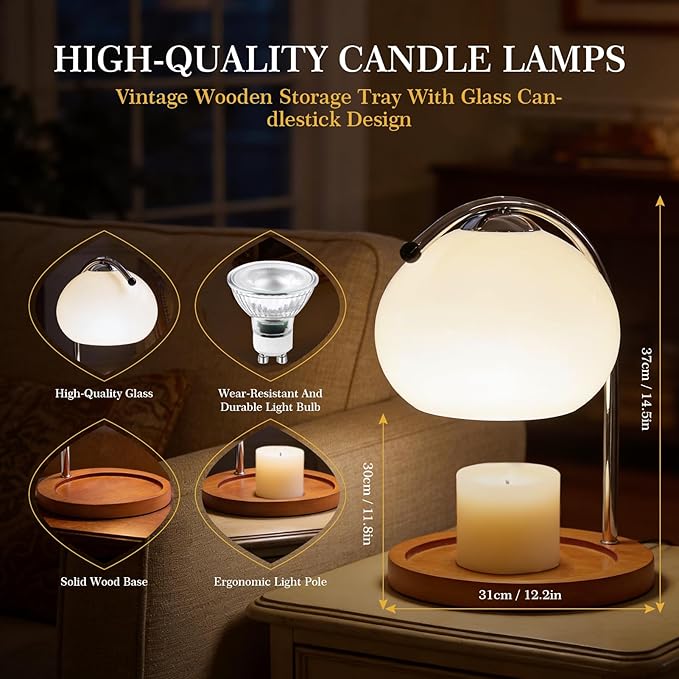 Topyond Aroma Wax Melting Lamp Retro Wood Storage Tray Glass Candle Warmer Desk Lamp, Bedroom Bedside Ambient Table Lamp Home Decor US Plug for Valentine's Day (Beige)