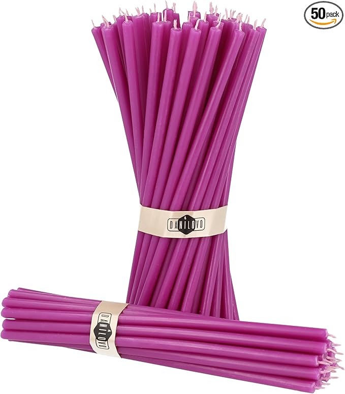 Danilovo Thin Taper Beeswax Candles - Honey-Scented, Decorative Candles Ideal for Birthday Decoration or Church Prayers - Purple Drip Free, Tall & Smokeless Pack of 50 pcs, 7.3 x 0.24 inch