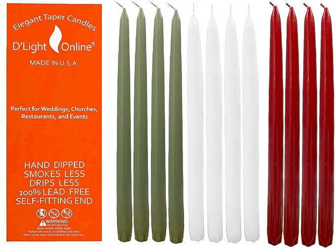 D'light Online Elegant 12" Holiday Unscented Taper Candle for Christmas - Premium Quality Candles Hand-Dipped Tapered Candles, Dripless and Smokeless - Set of 12 (12 Inch, Rustic Christmas)