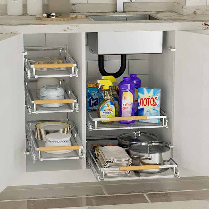 SANNO Pull Out Cabinet Organizer, Cabinet Slide Out Shelf, Pots Pans Organizers Shelves with Sliding for Cupboard Pantry Under Sink Closet, Expandable Width 17.1to 27" W x 22.5" D