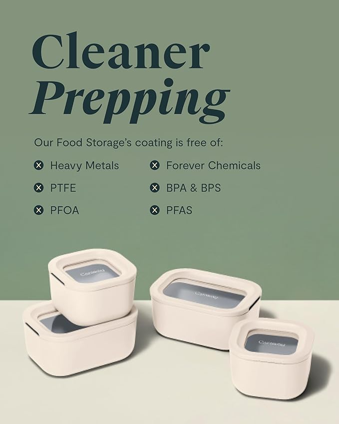 Caraway 2pc Glass Food Storage Set - 2.6 Cup Food Containers (2) - Non-Toxic Ceramic-Coated Glass - Air Release Technology - Compact & Stackable Design - Perracotta