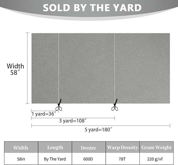 Konelia Waterproof Canvas Fabric by the Yard Outdoor Upholstery Fabric 600D Cordura Polyester Fabric Water Resistant Sewing Fabric for Chair Patio Cushion Purse Tote Bag Interior 1 Yard Silver Grey