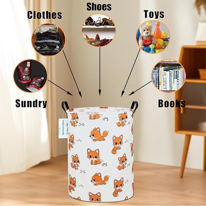 LANGYASHAN Laundry Basket Canvas Fabric Collapsible Organizer Basket for Storage Bin Toy Bins Gift Baskets Bedroom Clothes Children Nursery Hamper (Round Fox)