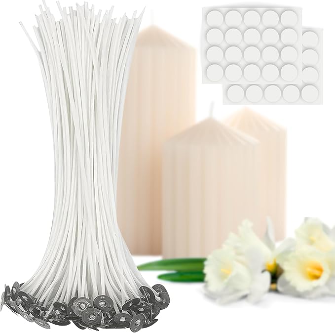 200PCS Candle Wicks 10 Inch with Candle Stickers – 100PCS Large Cotton Candle Wicks and 100PCS Double Sided Candle Stickers for Candle Making Candle DIY Supplies