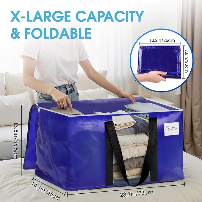 BlissTotes 8 Pack Moving Bags with Clear Window, Storage Bags with Strong Carrying Handles & Zippers,Large Packing Bags for Saving Space, Alternative to Moving Boxes(Blue,24 Gallon)