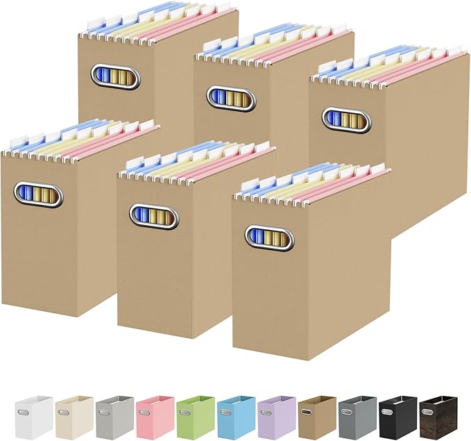 Oterri File Organizer Box, Portable Collapsible Cardboard File Folder Organizer with Handle for Letter Size Hanging Files, Document Storage Box for Home Office & Classroom (6 Packs, Brown)