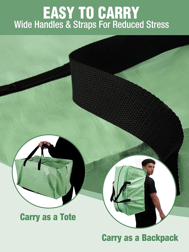 WORKPRO 10 Pack Extra Large Moving Bags with Zippers & Carrying Handles Backpack Straps, Heavy-Duty Storage Tote for Space Saving & Storage, Alternative to Moving Box (Green)
