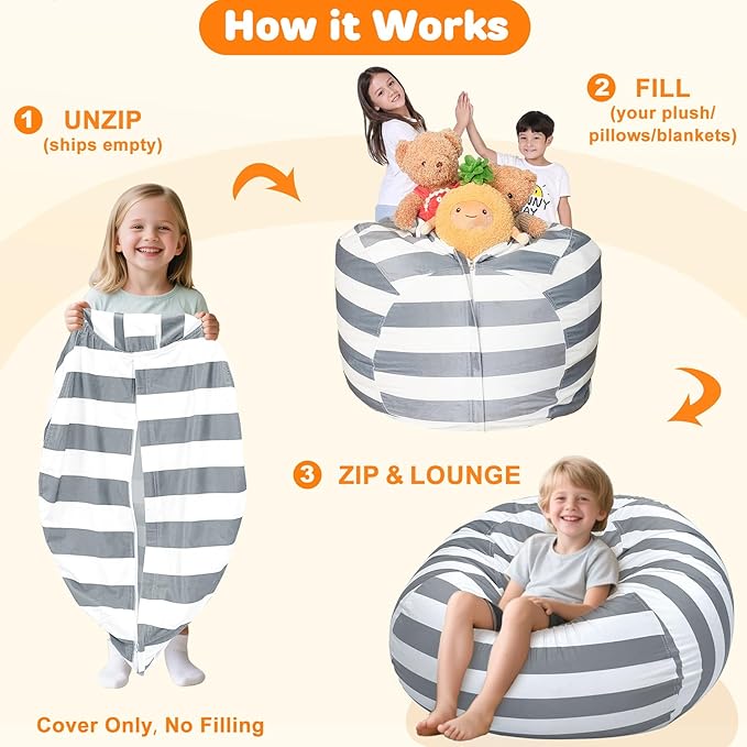 Lukeight Stuffed Animals Storage Bean Bag Chair Cover Only (Ships Empty, No Filling) - Velvet YKK Zipper Beanbag Cover for Big Kids and Teens, Washable Plush Toy Organizer, XX-Large 36" D x 20" H
