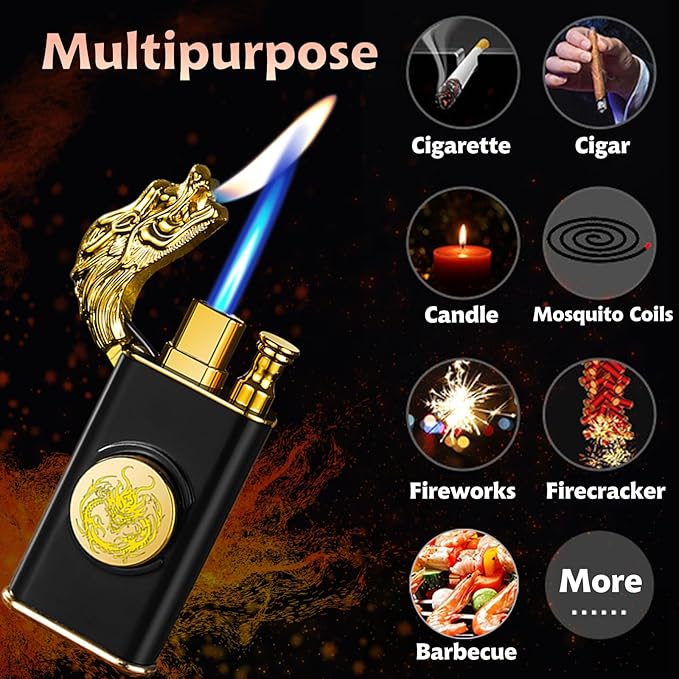 Torch Lighter, Magic Dual Flame Dragon Lighters with Adjusting Flame Tool, Creative Windproof Cool Design, Refillable Butane Lighter Gifts for Men Friend Outdoor Indoor(Without Butane)-Gold Crocodile