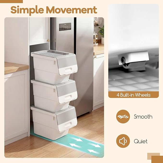 Giantex Plastic Stackable Storage Bins with Lids & Wheels, 3 Pack Open Front Stacking Bins, Organizer Bins for Pantry, Kitchen, Laundry, Closet, Playroom, Bedroom Organization （12.5 QT）