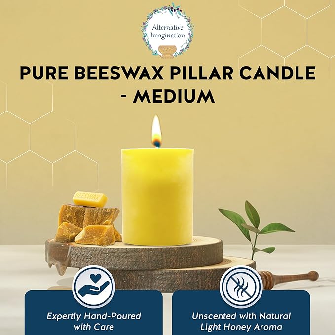 Alternative Imagination – 100% Pure Beeswax Candle – Medium 3x4 Inch Pillar – Long Lasting 60 Hour Burn – Non-Toxic, Unscented & Hypoallergenic – Natural Honey Aroma – Handcrafted from Real Beeswax