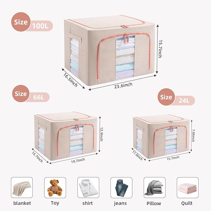 GuliPostan 3 Pack 24L Stackable Clothes Storage Bins with Metal Frame Handles & Zipper, Collapsible Closet Organizer Box with Lid for Bedding Blankets Towel (Beige)