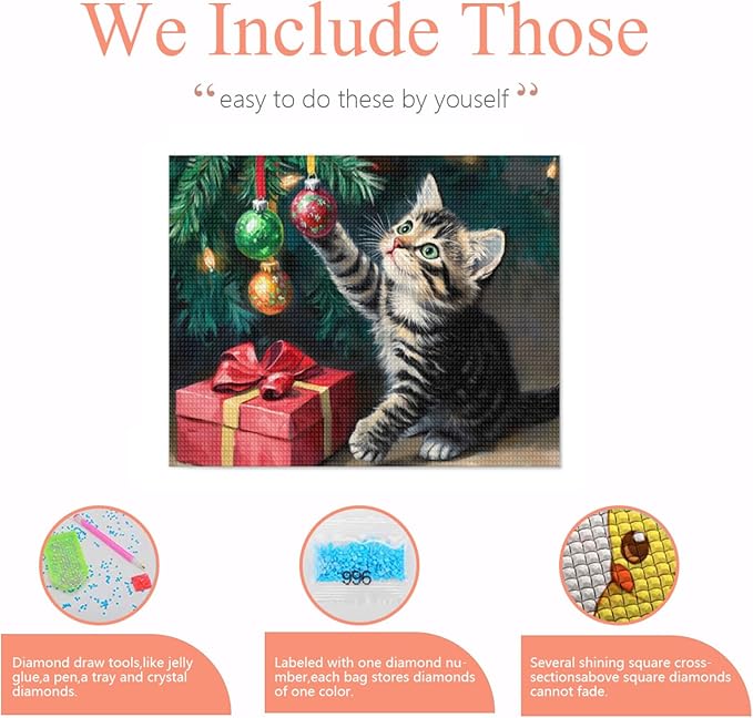 IMLQJES Christmas Diamond Art Kits for Adults - Cat 5D Square Full Drill Gem Art for Beginners - Cat Play with Christmas Tree Animals Diamond Painting Kit for Home Wall Decor 20x24 Inch
