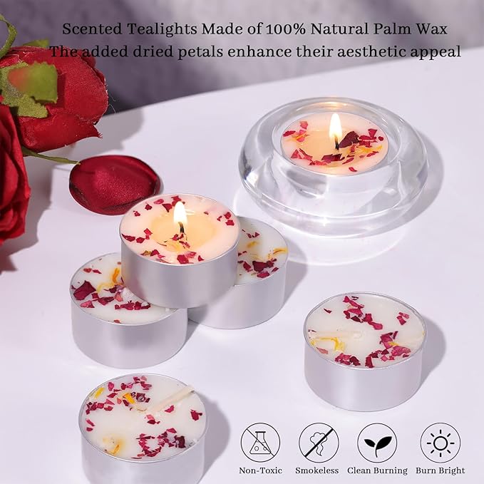 LAMORGIFT 48 Pcs Rose Scented Tealight Candles, 6H Long Burning - Palm Wax Based, Non-Toxic/Smokeless, Bulk for Spa, Bath, Wedding