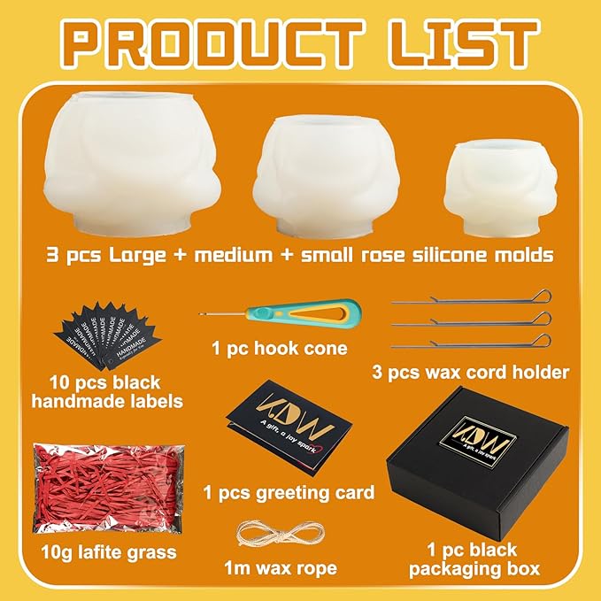 Rose Candle Making Kit with Candle Wicks Flower Silicone Mold for Candle Making Molds Set of Large + Medium + Small 3D Rose Molds DIY Handmade Soap Mould for Home Decor Valentine's Day Gift