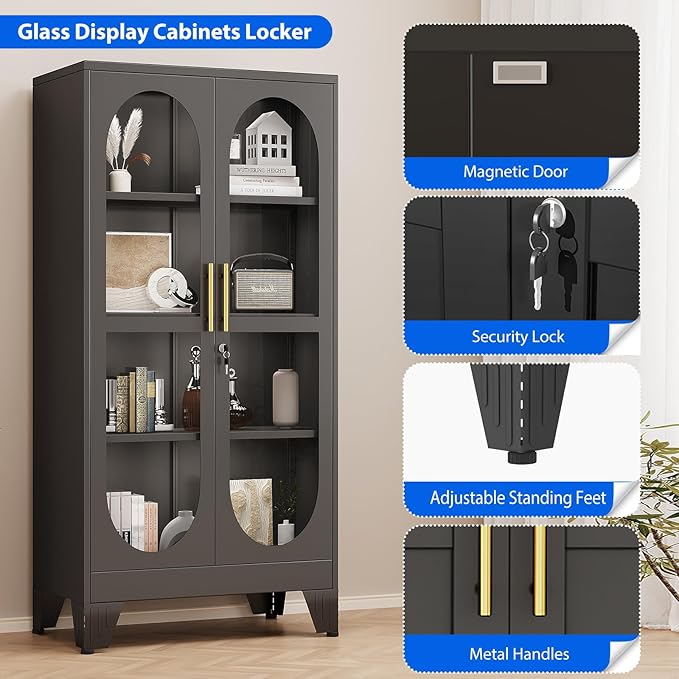 Ckzbx Glass Locker Metal Cabinets 61" H Locking Tool File Cabinets Snack Locker Organizer for School Classroom,Bedroom,Gym Home Office,Entryway and Hallwa (Black)