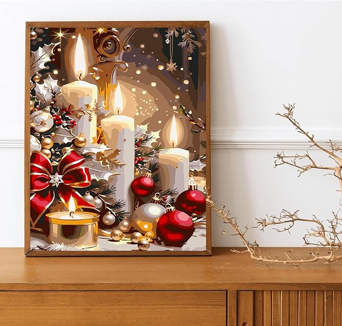 Meothan Christmas Paint by Bumbers for Adults Xmas Candles DIY Paint by Numbers Acrylic Paint Canvas Winter Painting Art Kits for Home Decor and Gifts 16x20 Inch (Without Frame)