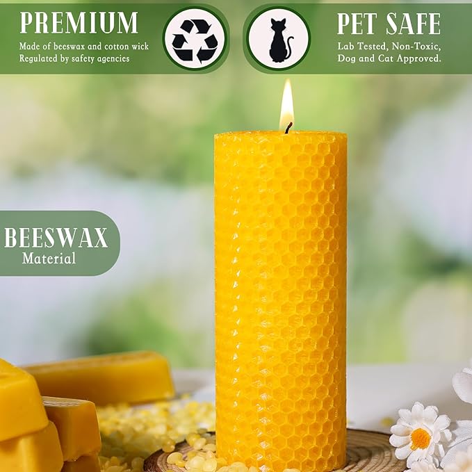 4 Pack Beeswax Candles, Pure Natural Beeswax Pillar Candles-80 Hours Long Burning,Organic Bees Wax Candles for Home,Paryer,Parties,Unscented Dripless Smokeless Beeswax Candle Bulk 2x5in