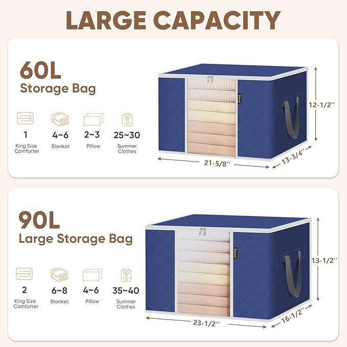 BALEINE 4 Pack Clothes Storage Bags, 24 Gallon Storage Containers with Reinforced Handle, Sturdy Zipper, Closet Organizer for Blanket, Comforter, Pillow, Bedding (Blue, 4 Pack)