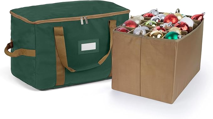 Covermates Keepsakes Adjustable Ornament Storage Bag – Heavy-Duty Polyester, Padded Dividers & FlexGrid Trays – Protective Holiday Ornament Organizer with Handles & Label Window, Green