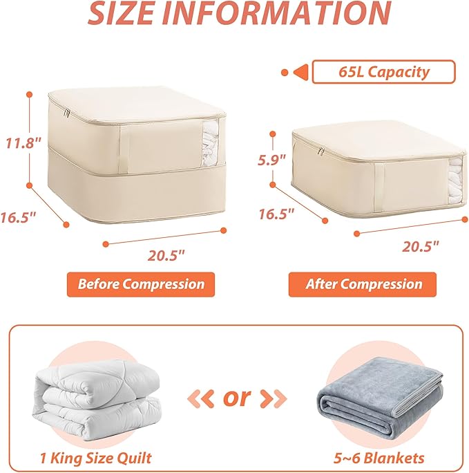 Veki Comforter Storage Bag, Space Saving Self Compression Foldable Blanket Storage Bags, Closet Organizer With Handle and VisualiZation Window, Large capacity 130L for Bedding, Clothes (Apricot L)