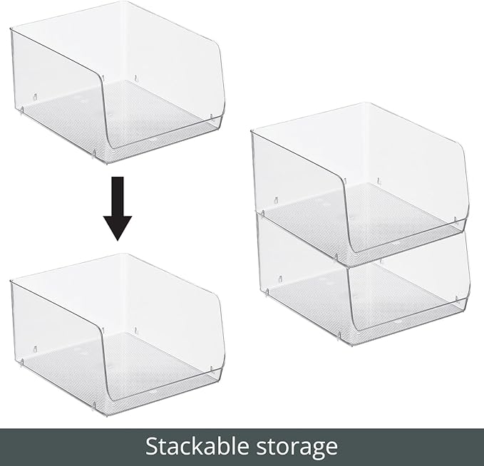 mDesign Wide Stackable Plastic Food Storage Organizer Bin Basket with Open Front for Household Kitchen Cabinets, Pantry, Offices, Closets, Bedrooms, Bathrooms - 10.2" Wide, 4 Pack - Clear