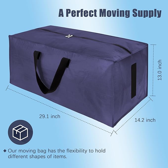 HOMESURE 12 Pack Large Strong Moving Bags with Zippers & Carrying Handles - Water-Resistant - Heavy Duty Storage Tote for Space Saving, Fold Flat, Alternative to Moving Box (Blue)