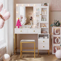 YIKEHOME 42'' Makeup Vanity Desk Set with Mirror, Vanity Table 3-Colour Lights with 5 Drawers & Shelves for Bedroom Dressing Room White (Bright White & Gold)