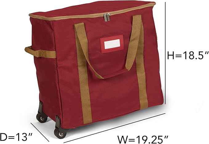 Covermates Keepsakes Rolling Adjustable Ornament Storage Bag – Heavy-Duty Polyester, FlexGrid Trays & Padded Dividers – Protective Holiday Organizer with Wheels, Handles & ID Window, Red