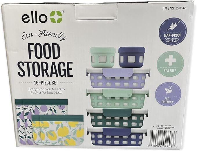 Ello Eco-Friendly Food Storage, BPA Free Plastic Food Storage, Blueberry Delight Color, 16-Piece Set