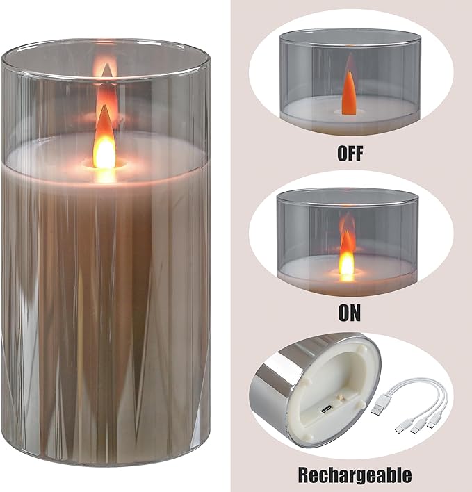 HaitanghuaRechargeable Candles, Remote Control Candles with Remote, 2/4/6/8 Hour Timer, USB Rechargeable flameless Pillar Candles, Gray, 6 inches (2-Pack)