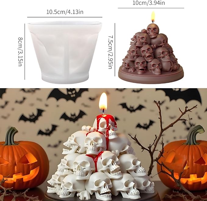 Halloween Skull Candle Mold Kit - 3D Silicone Candle Making Mold with 3 Wicks & Centering Device - Horror Skeleton DIY Candle Molds for Halloween Decor, Party & Gift (3D Skull-A)