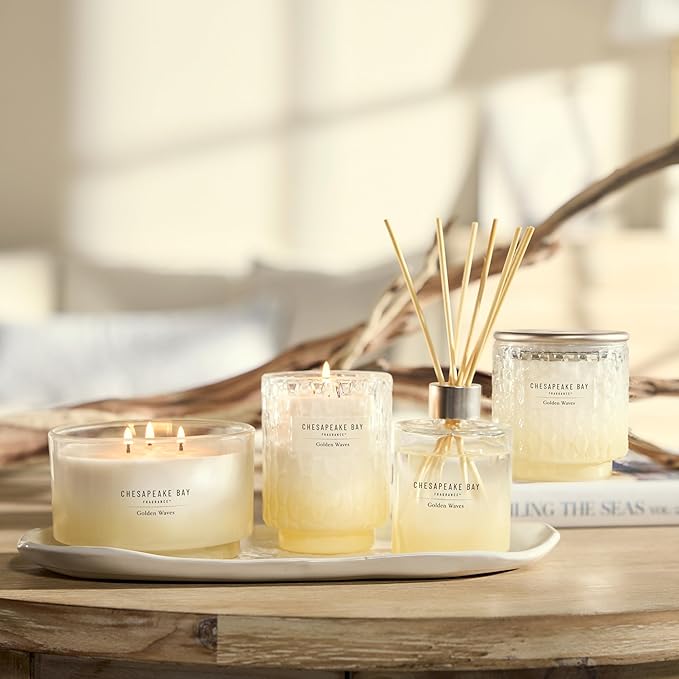 Chesapeake Bay, 8oz Golden Waves Scented Candle, Mood Evoking Fragrance, Textured Sea Glass-Inspired Jar, Premium Soy Blend Wax with Essential Oils, Coastal Fragrance for Home Décor or Gifting