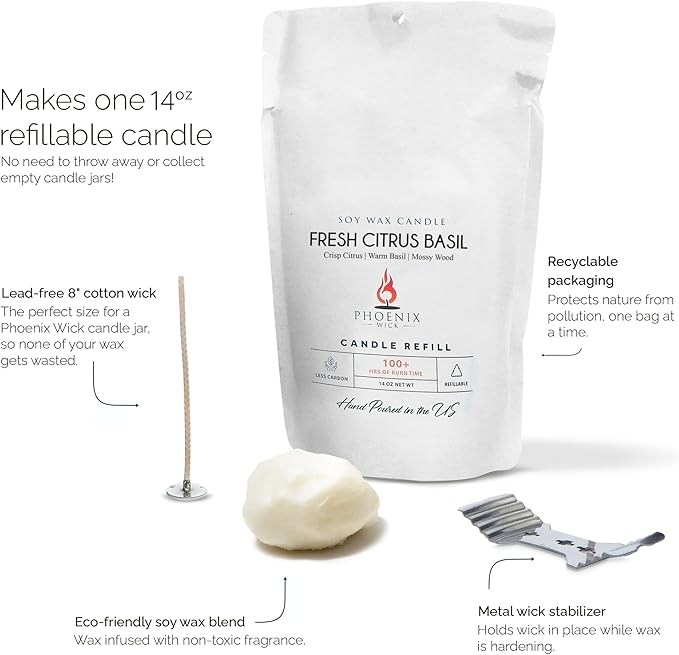 Phoenix Wick Candle Making Kit – Transform Anything Into A Candle – Candle Making Kit with Wick + 14 oz Wax (Fresh Citrus Basil)
