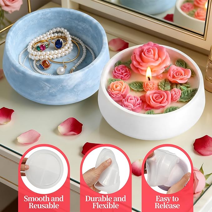 Rose Candle Molds, 5Pcs Rose Silicone Molds for Candle Making, Roses Flower Leaf Mold and Round Candle Vessel Mold Set for Scented Candles, Handmade Soap, Epoxy Resin Casting, Mom Gifts